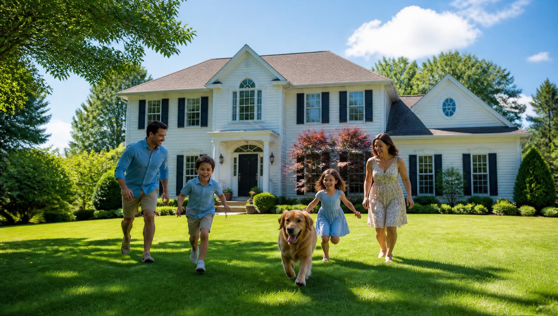 Family and their golden retriever playing on the green front lawn of a large white New Jersey colonial home on a bright summer day